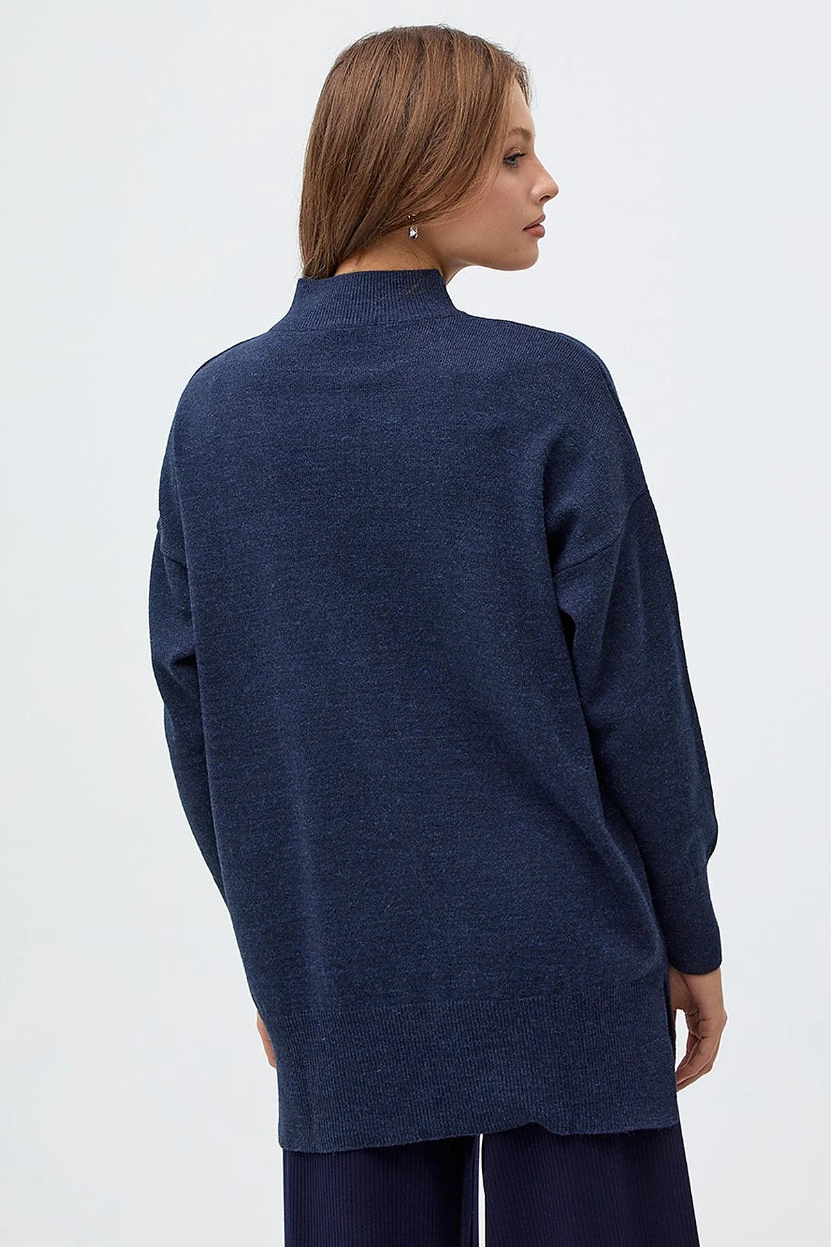 Drop-Shoulder Half Turtleneck Knit Tunic Navy Blue