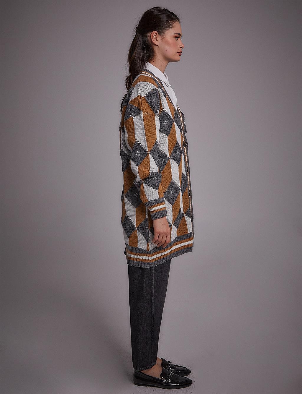 Square Motif Knitwear Cardigan Grey