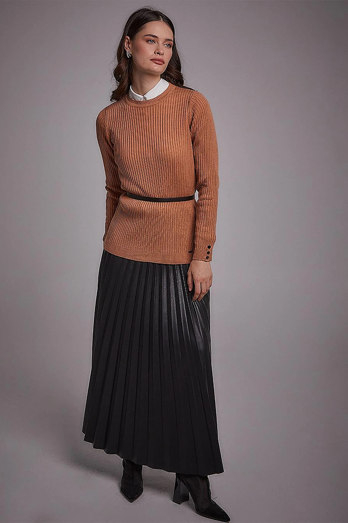 Zero Collar Ribbed Knitted Sweater Salmon