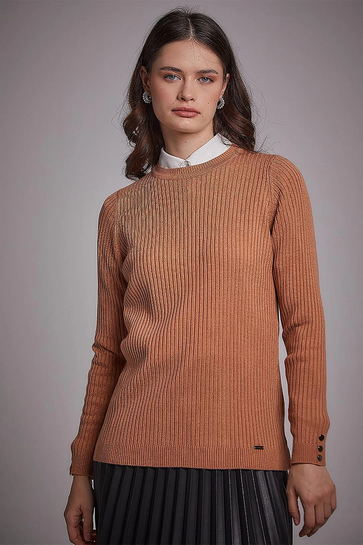 Zero Collar Ribbed Knitted Sweater Salmon