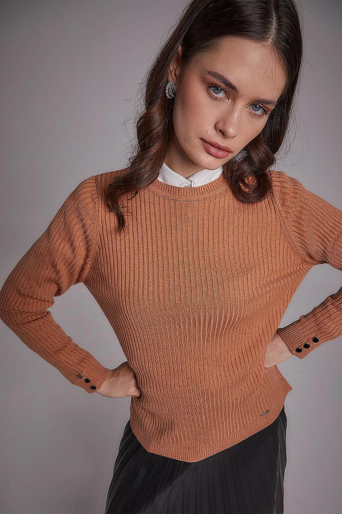 Zero Collar Ribbed Knitted Sweater Salmon