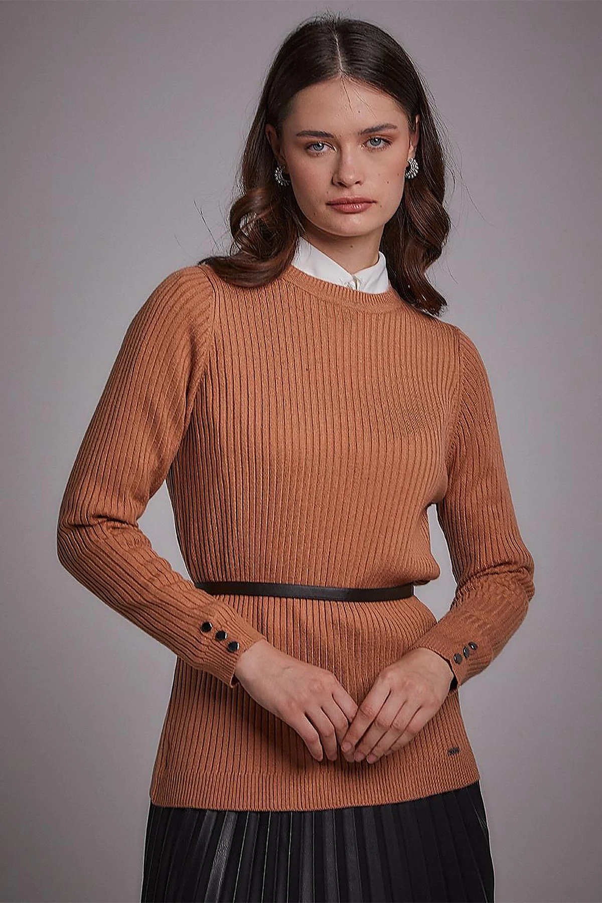 Zero Collar Ribbed Knitted Sweater Salmon