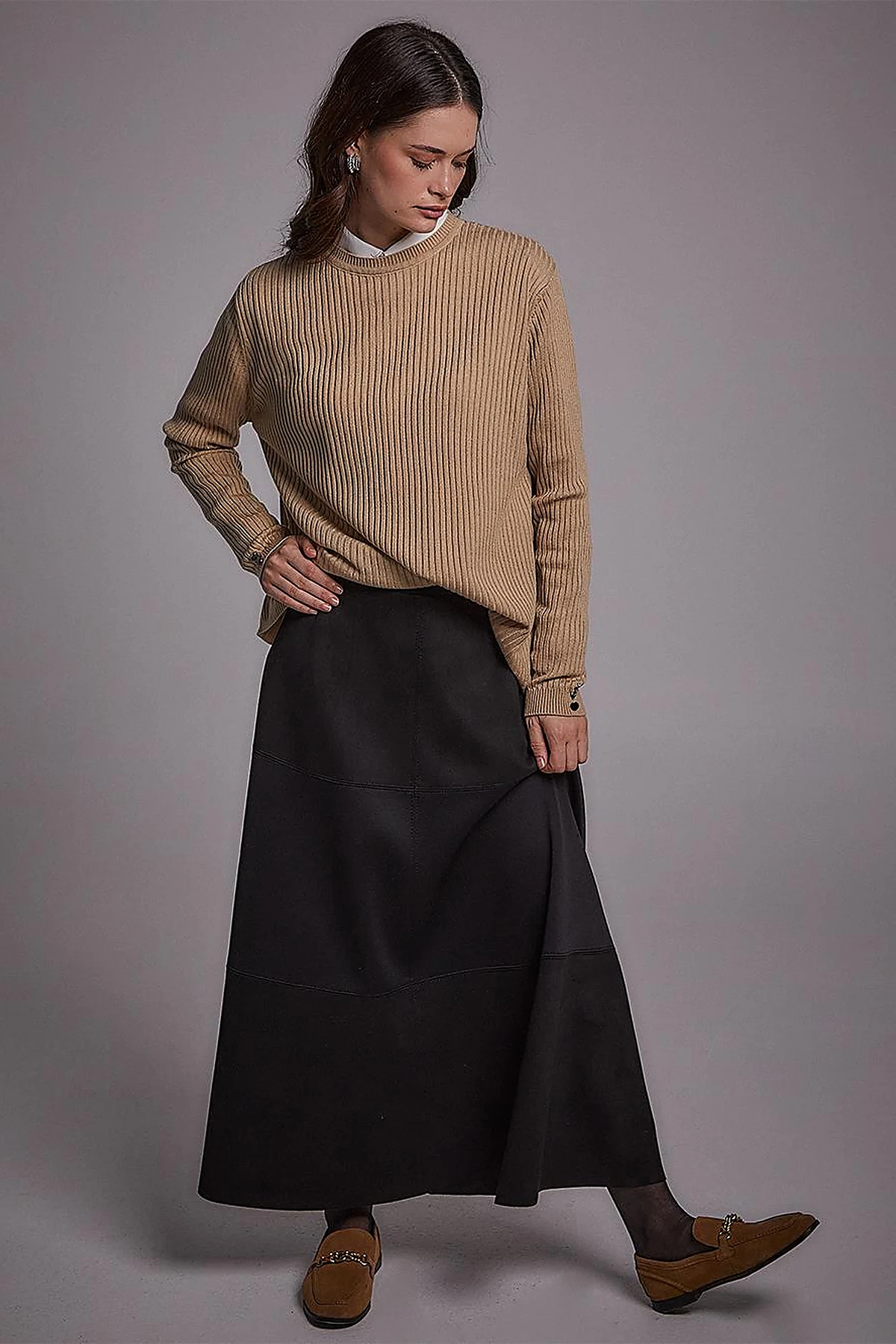 Zero Collar Ribbed Knitted Sweater Stone