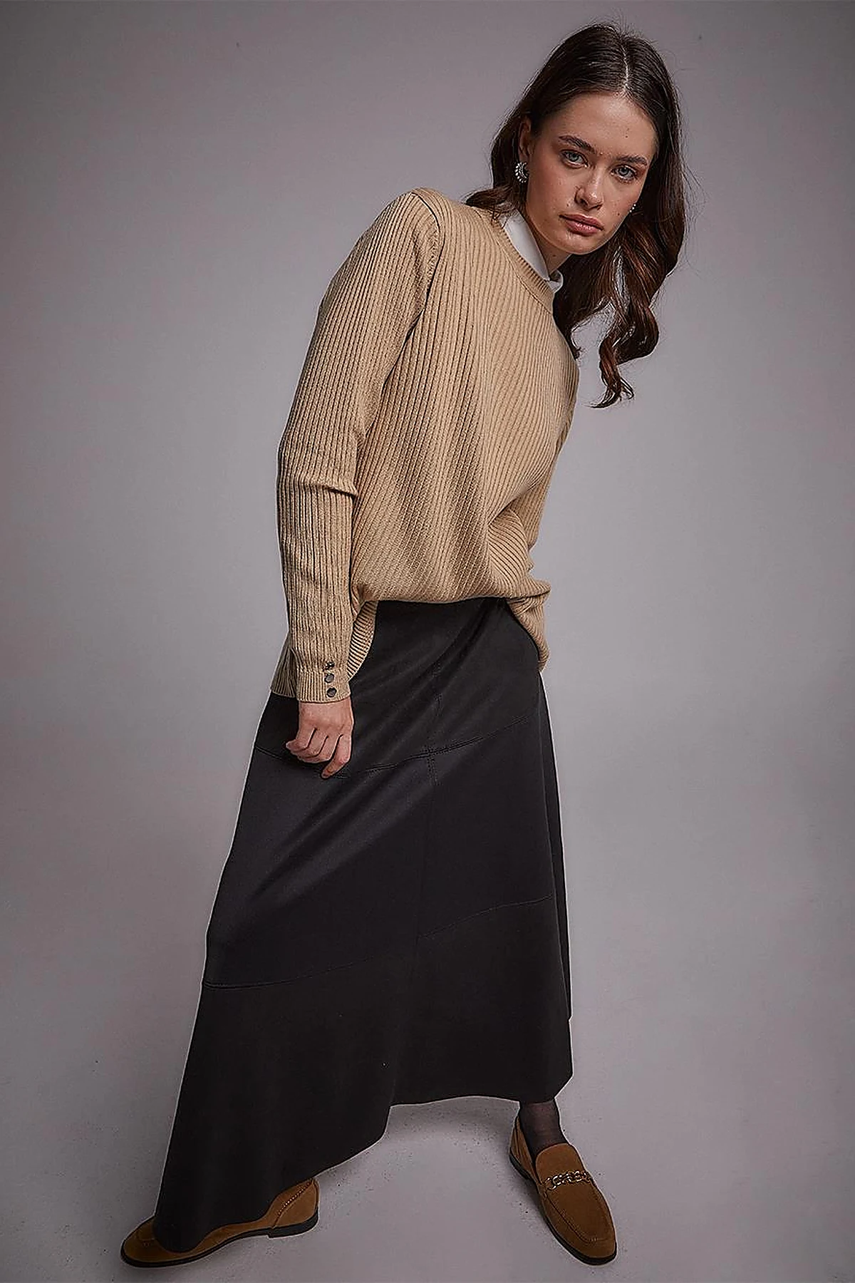 Zero Collar Ribbed Knitted Sweater Stone
