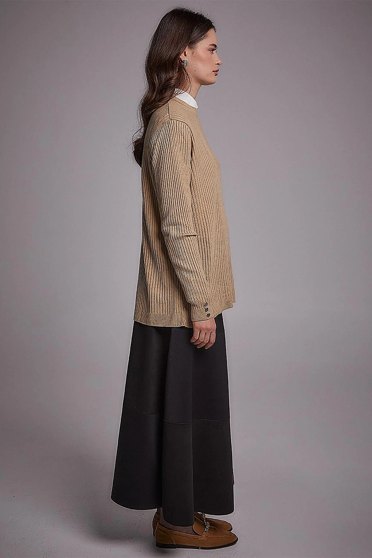 Zero Collar Ribbed Knitted Sweater Stone