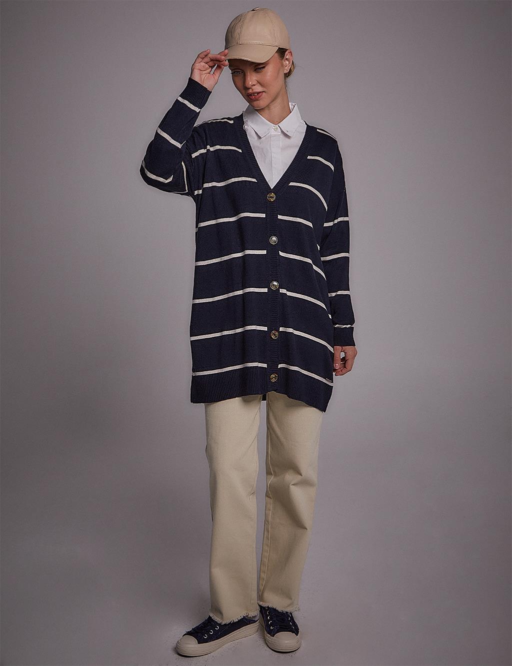 Striped Knitwear Cardigan Navy-Ecru