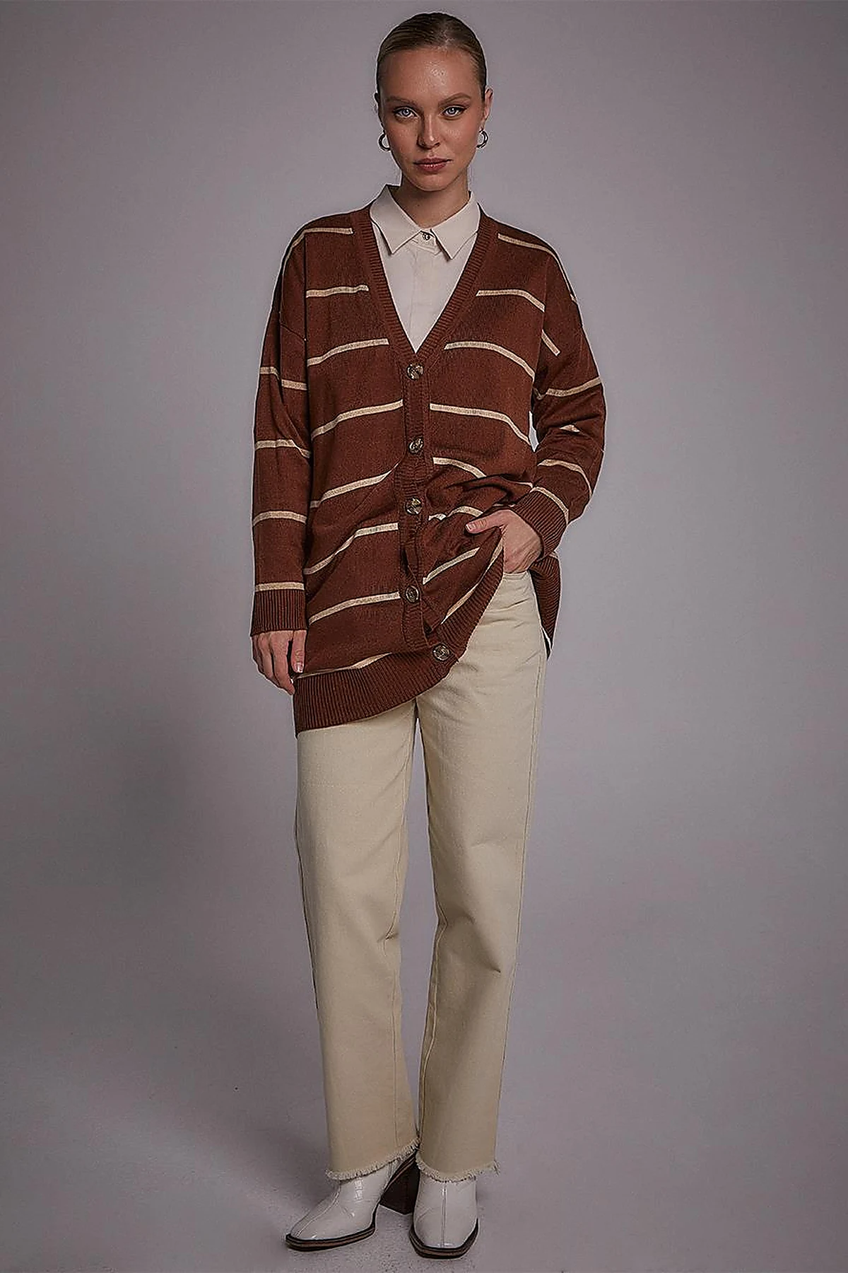 Striped Knitwear Cardigan Red Brown-Stone
