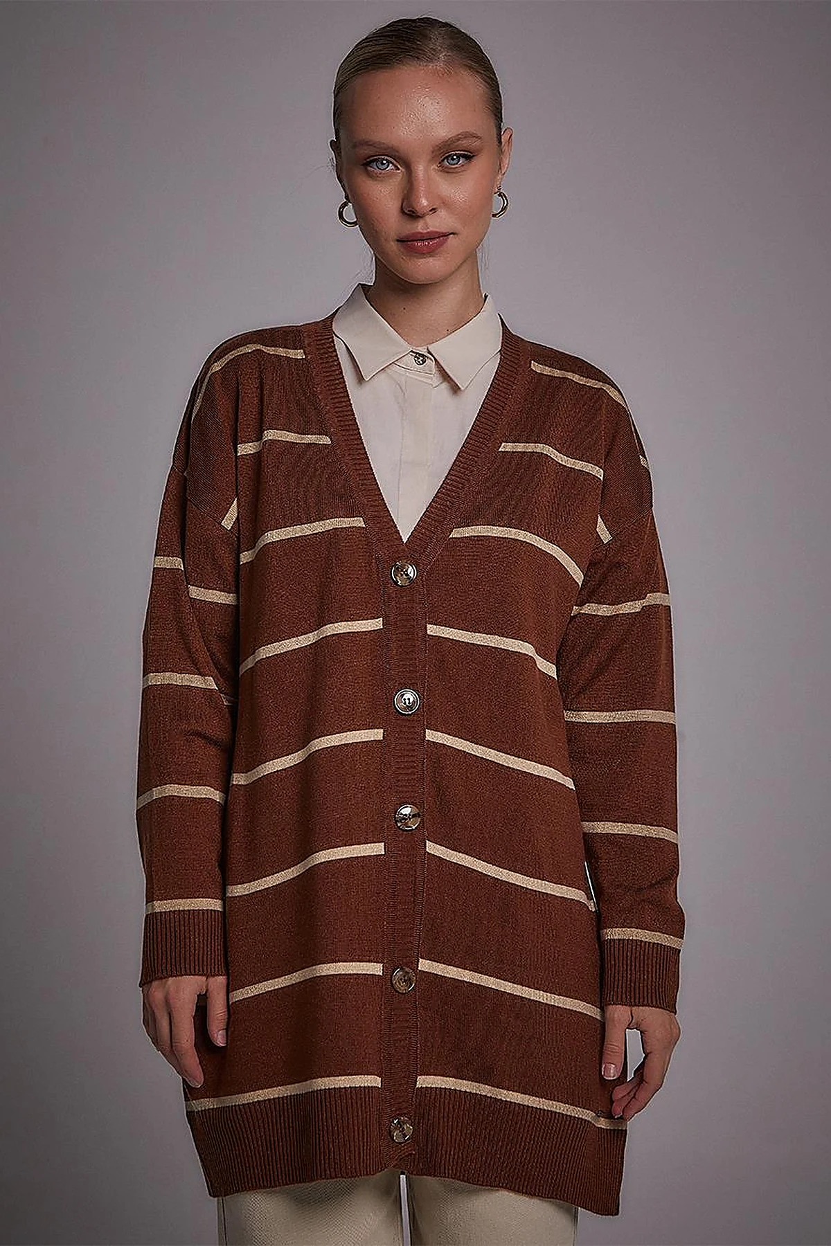 Striped Knitwear Cardigan Red Brown-Stone