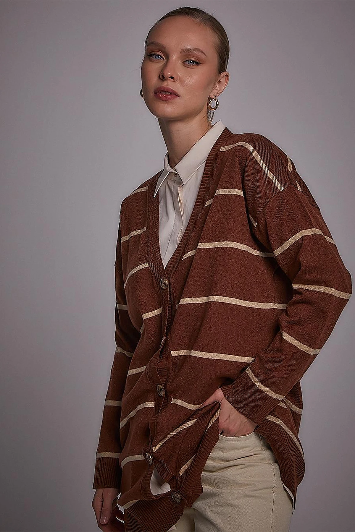 Striped Knitwear Cardigan Red Brown-Stone