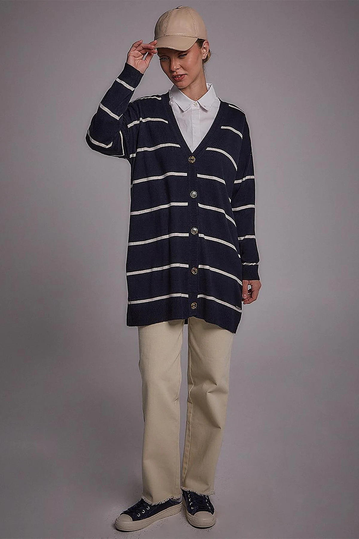 Striped Knitwear Cardigan Navy-Ecru