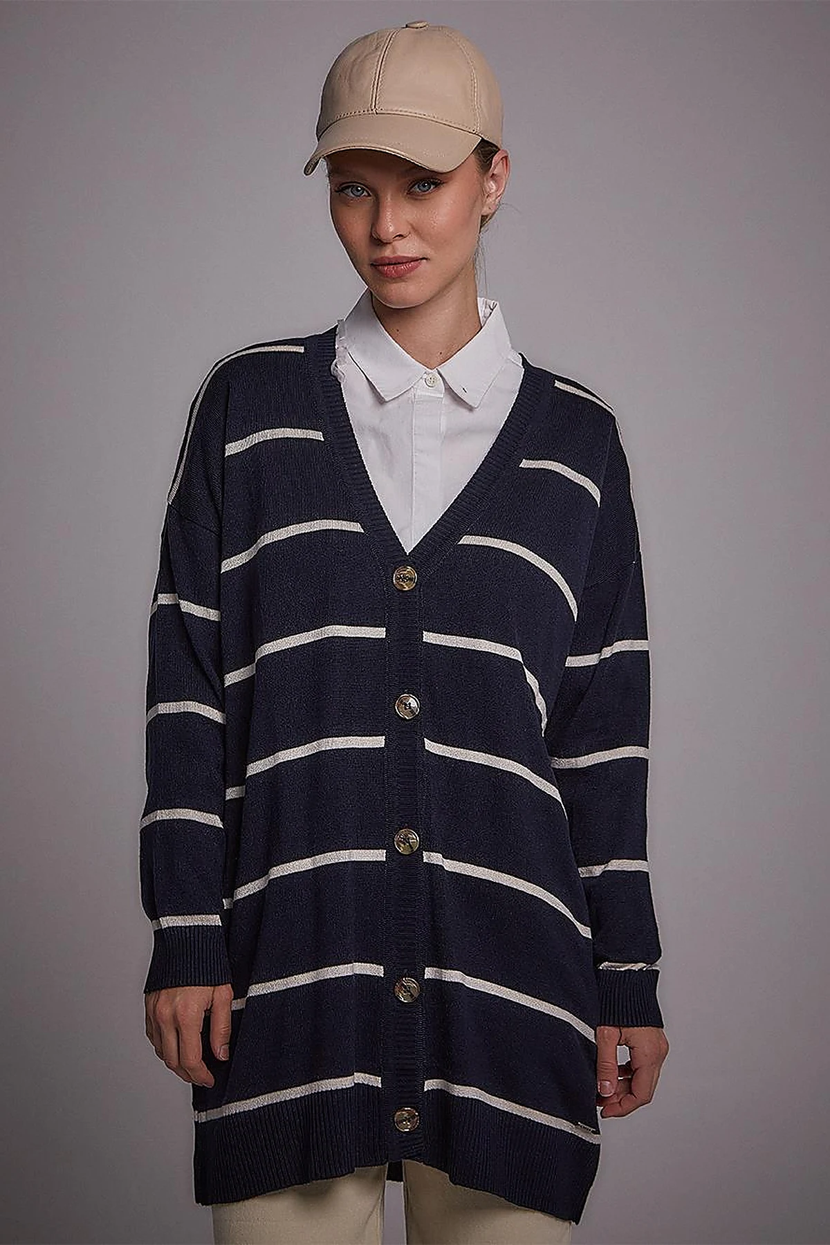 Striped Knitwear Cardigan Navy-Ecru