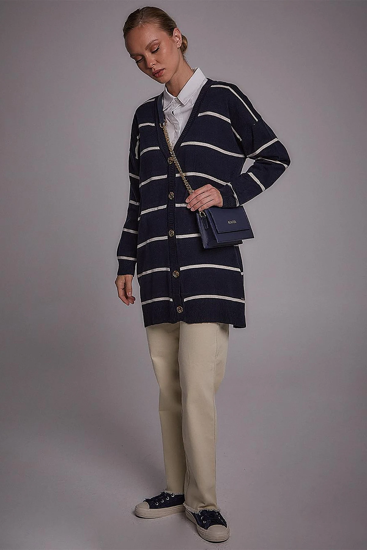 Striped Knitwear Cardigan Navy-Ecru