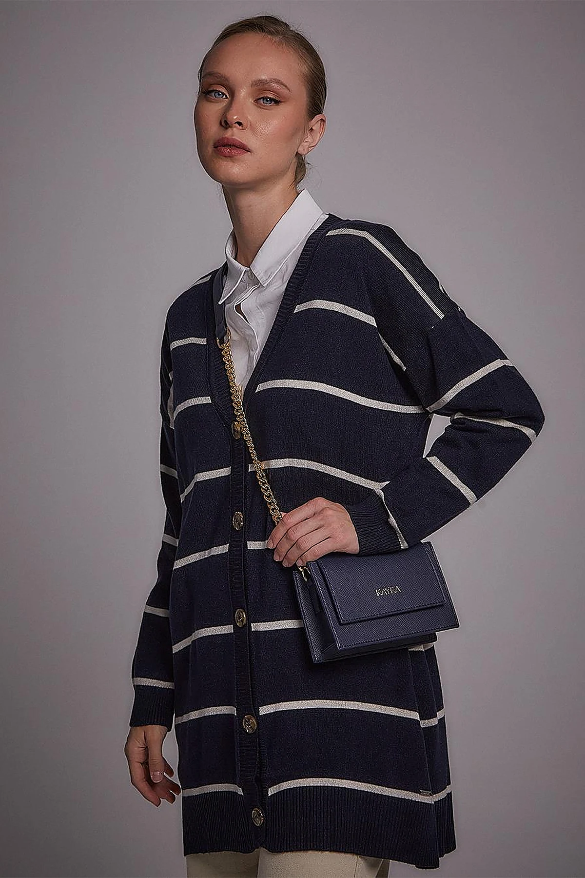 Striped Knitwear Cardigan Navy-Ecru