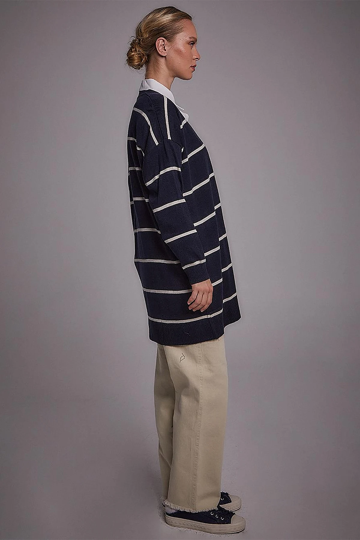 Striped Knitwear Cardigan Navy-Ecru
