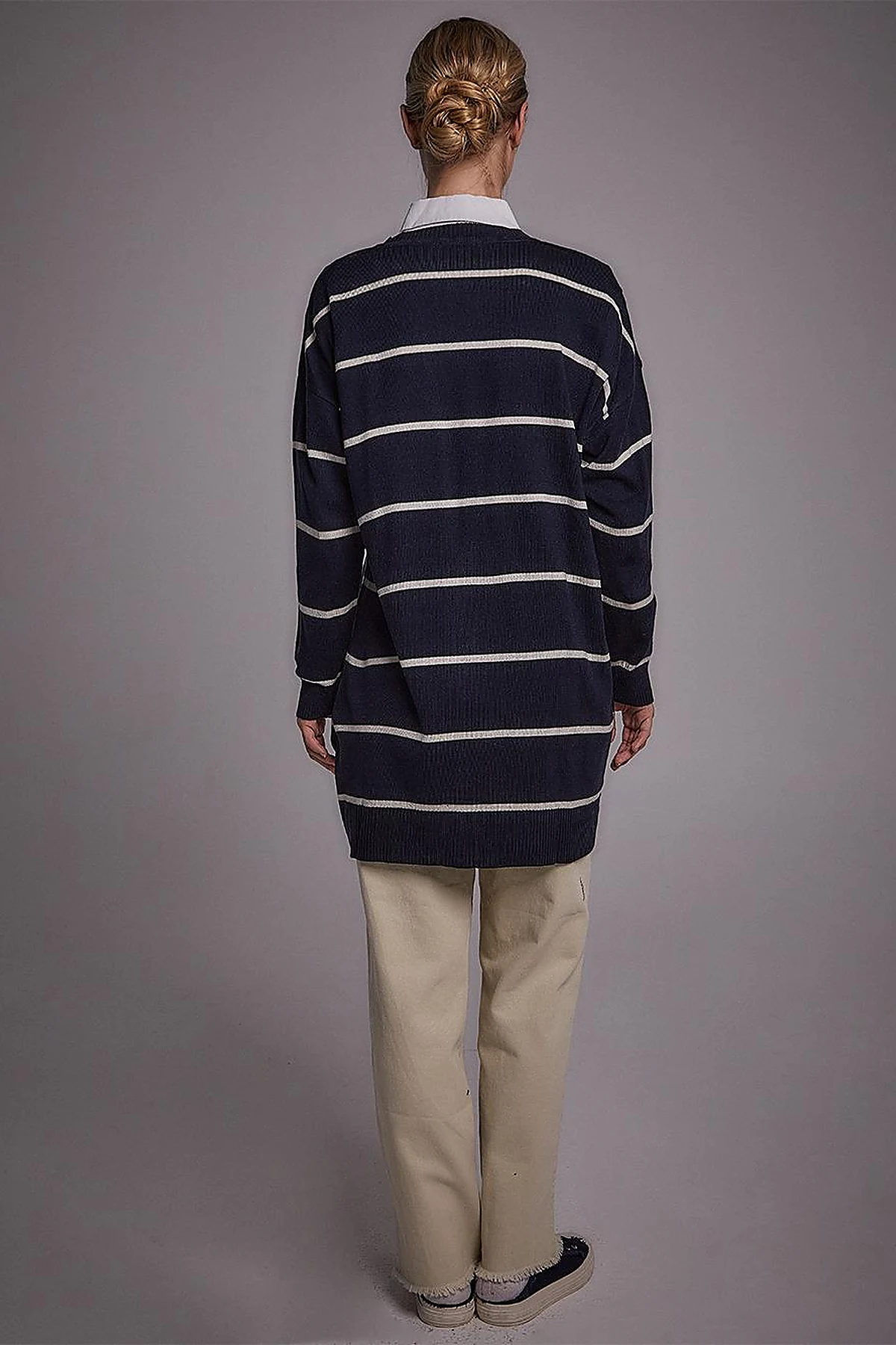 Striped Knitwear Cardigan Navy-Ecru