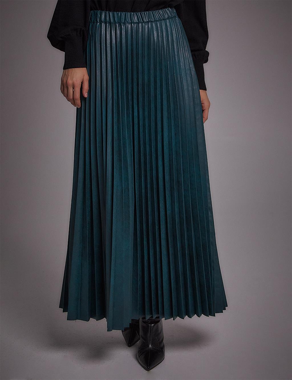 Leather Look Pleat Skirt Green