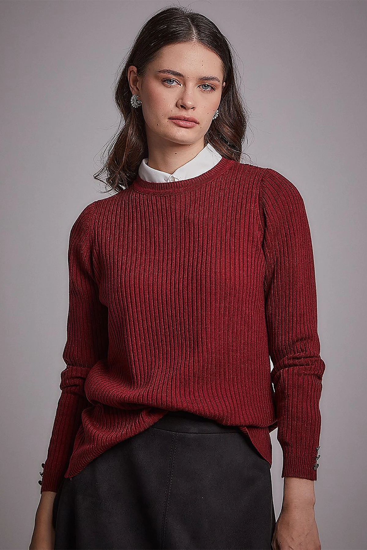 Zero Collar Ribbed Knitted Sweater Burgundy