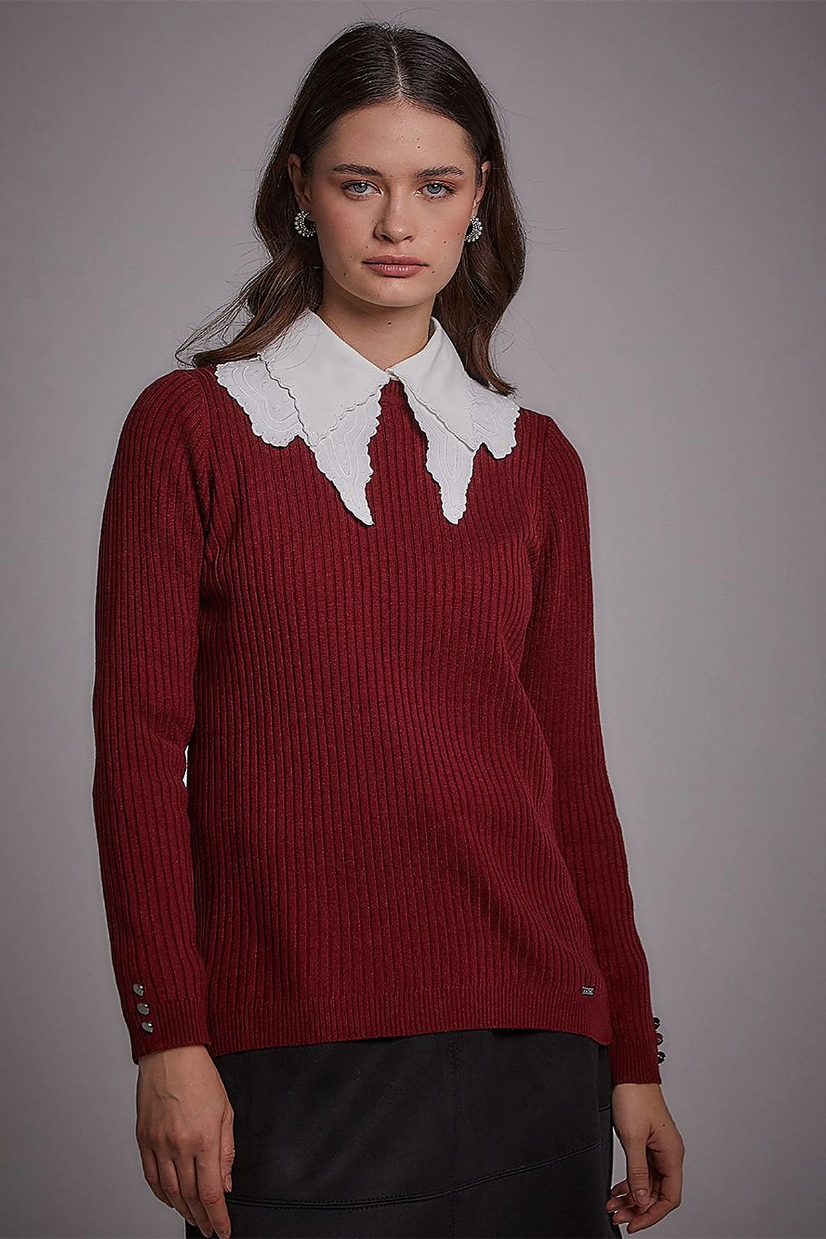 Zero Collar Ribbed Knitted Sweater Burgundy