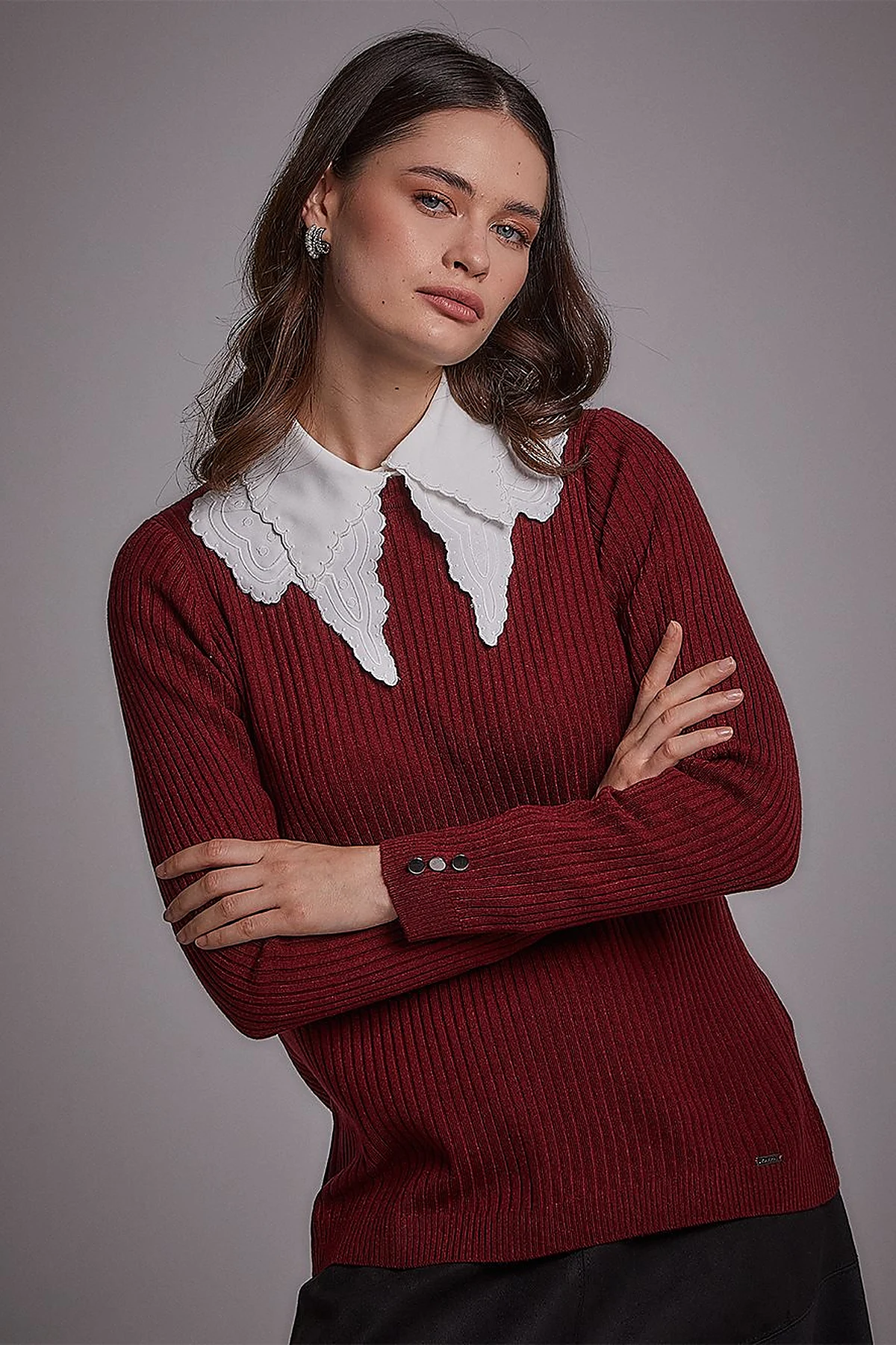 Zero Collar Ribbed Knitted Sweater Burgundy