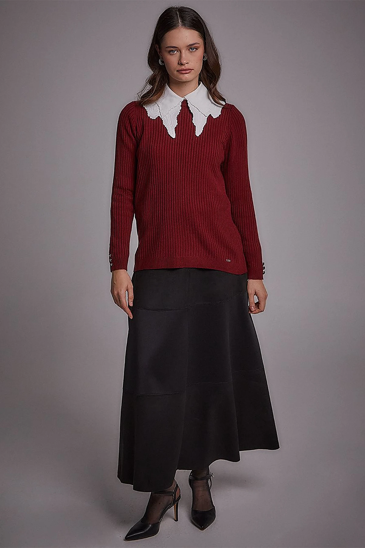 Zero Collar Ribbed Knitted Sweater Burgundy