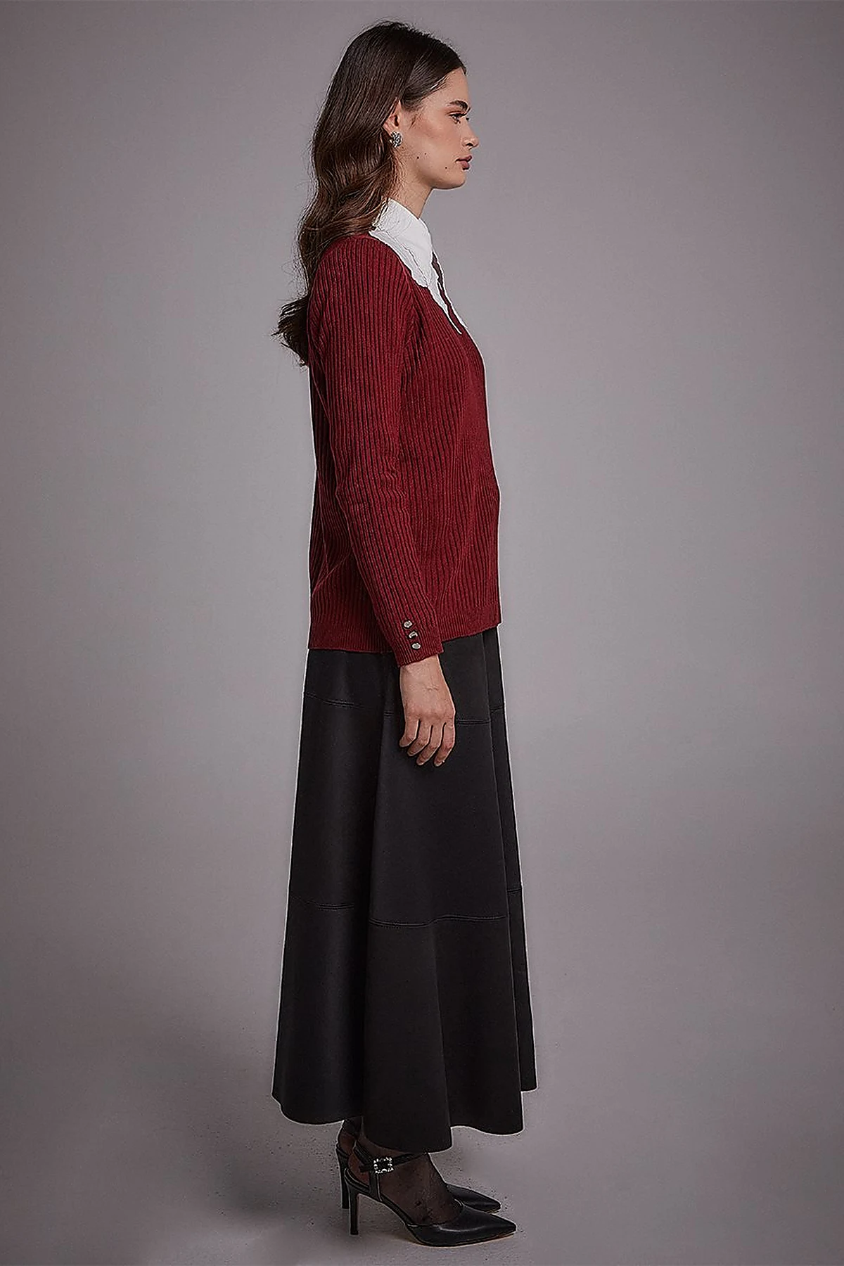 Zero Collar Ribbed Knitted Sweater Burgundy