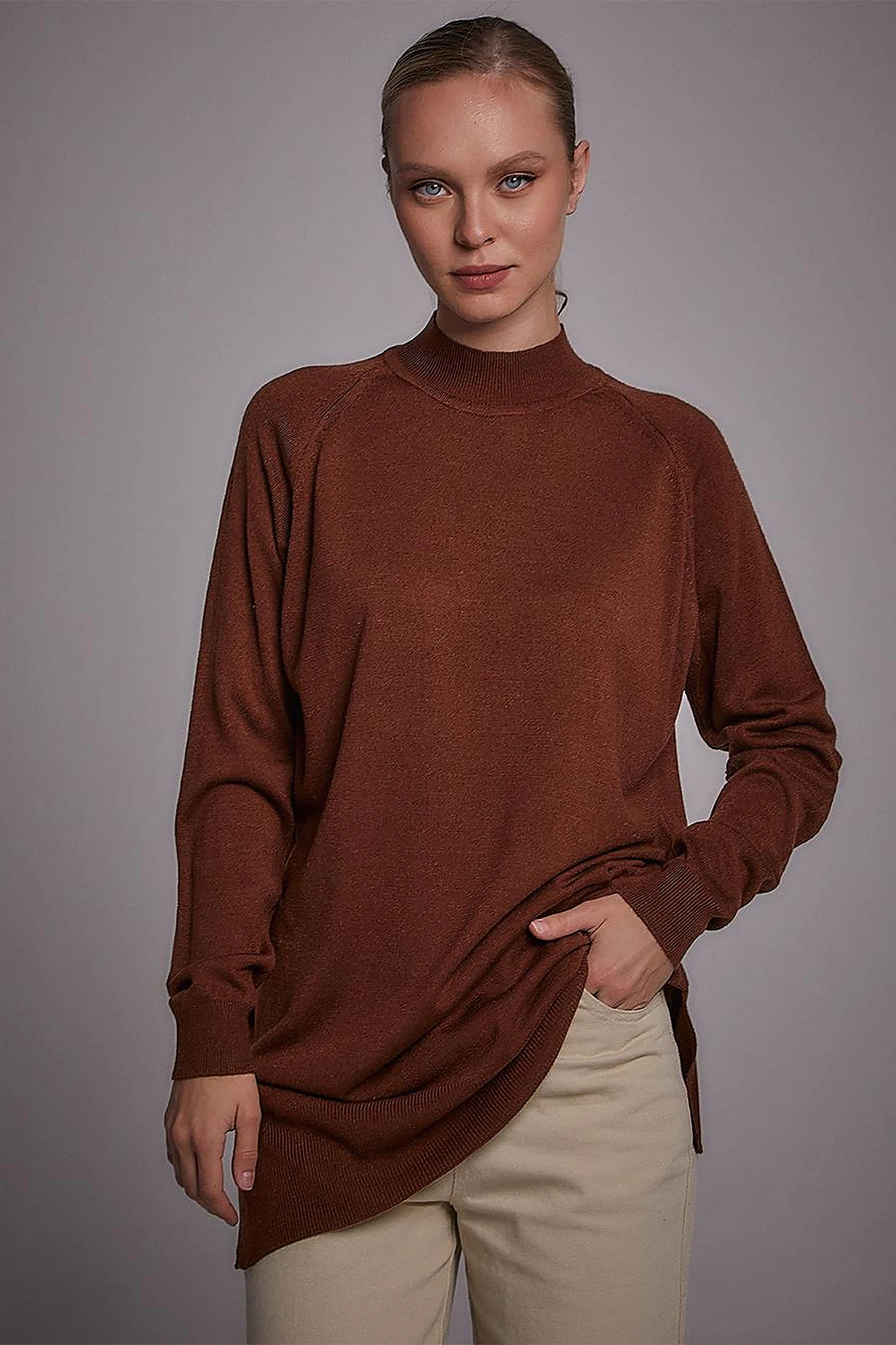 Half Turtleneck Knitwear Tunic Red Brown