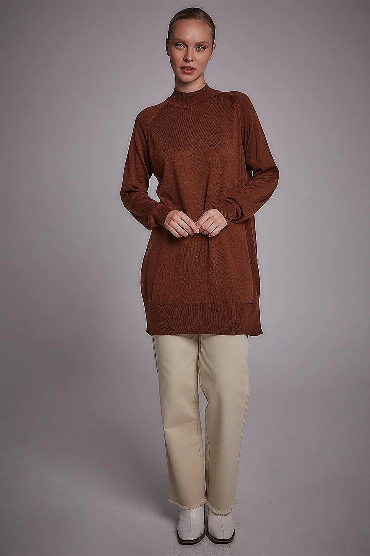 Half Turtleneck Knitwear Tunic Red Brown