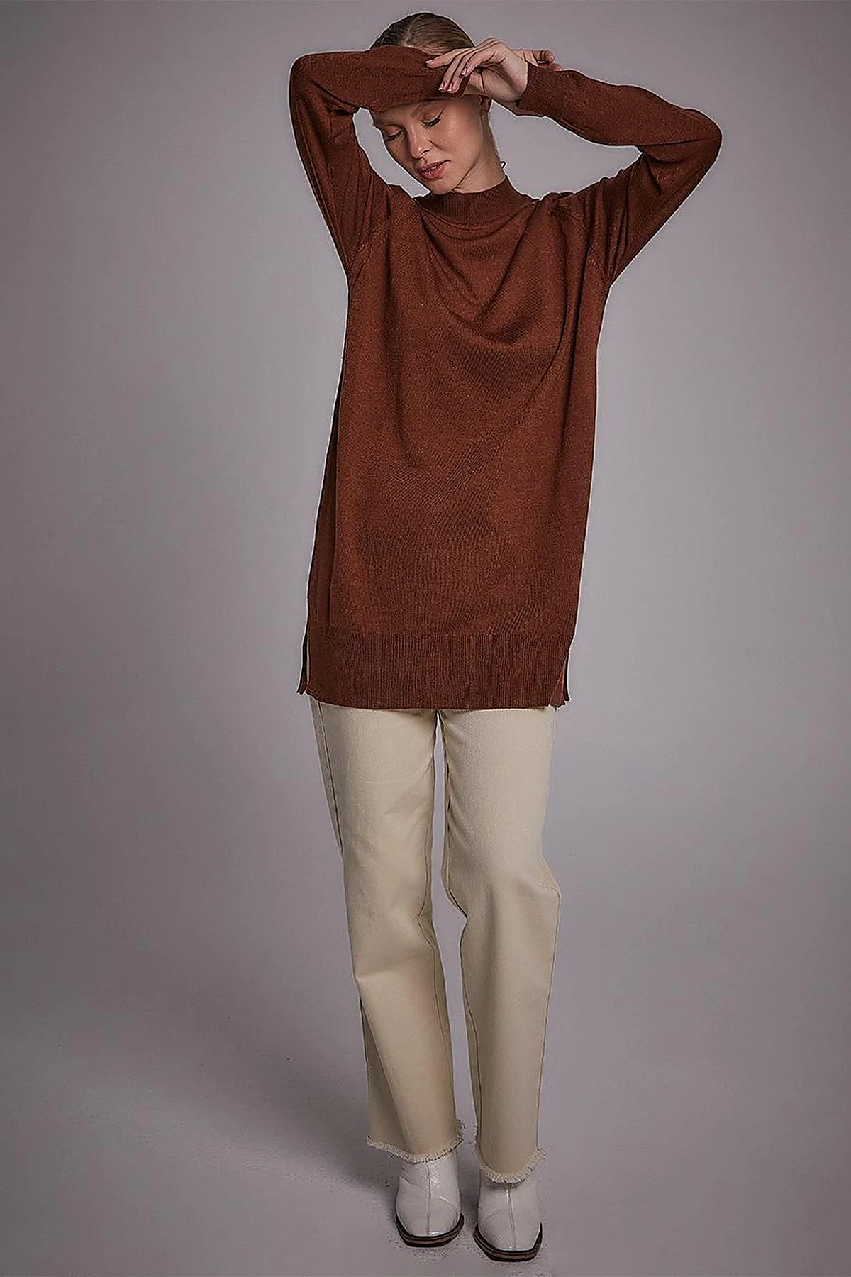 Half Turtleneck Knitwear Tunic Red Brown