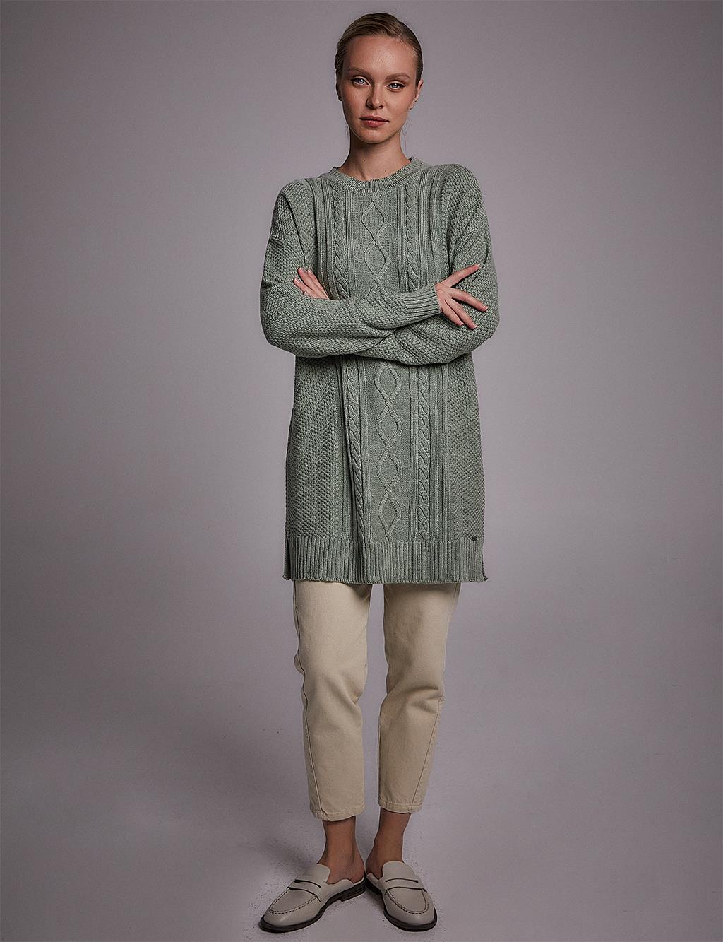 Crew Neck Knitwear Tunic Beige Moss Green