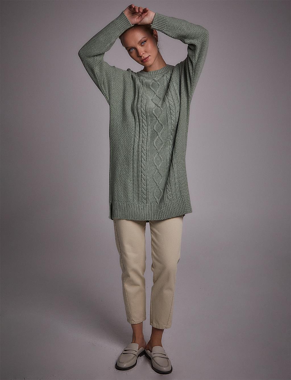 Crew Neck Knitwear Tunic Beige Moss Green