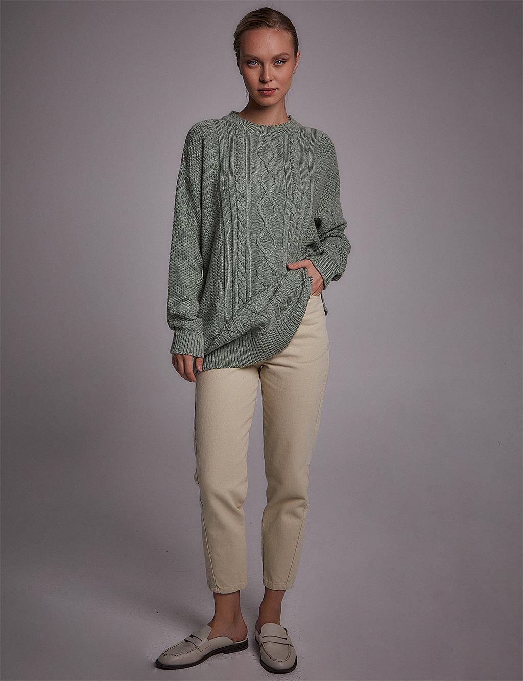 Crew Neck Knitwear Tunic Beige Moss Green