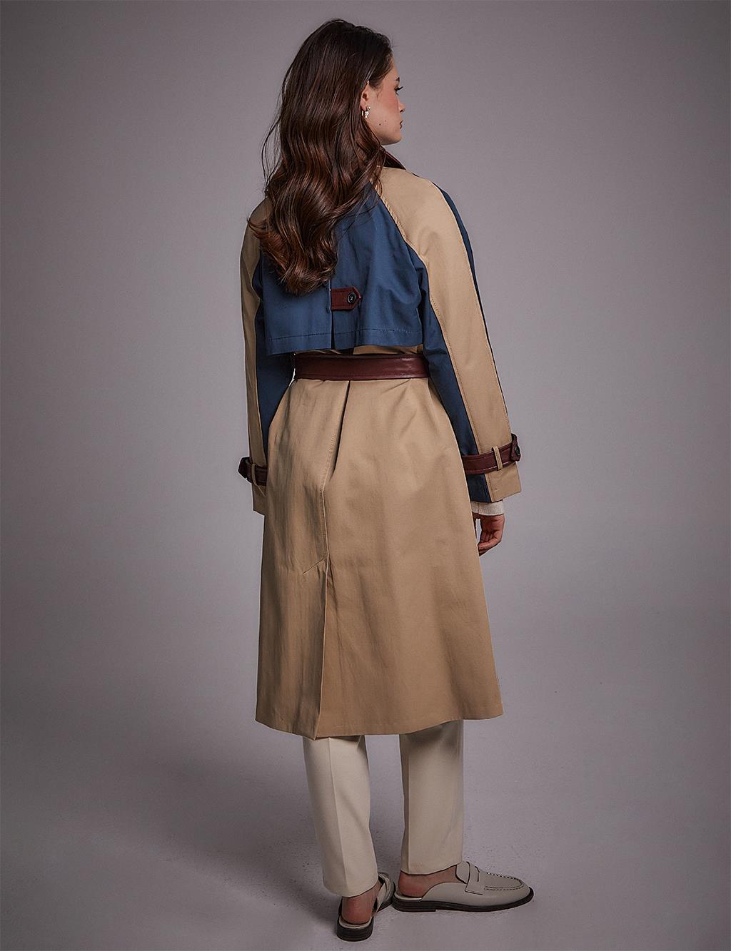 Leather Garnished Piece Trench Coat Beige