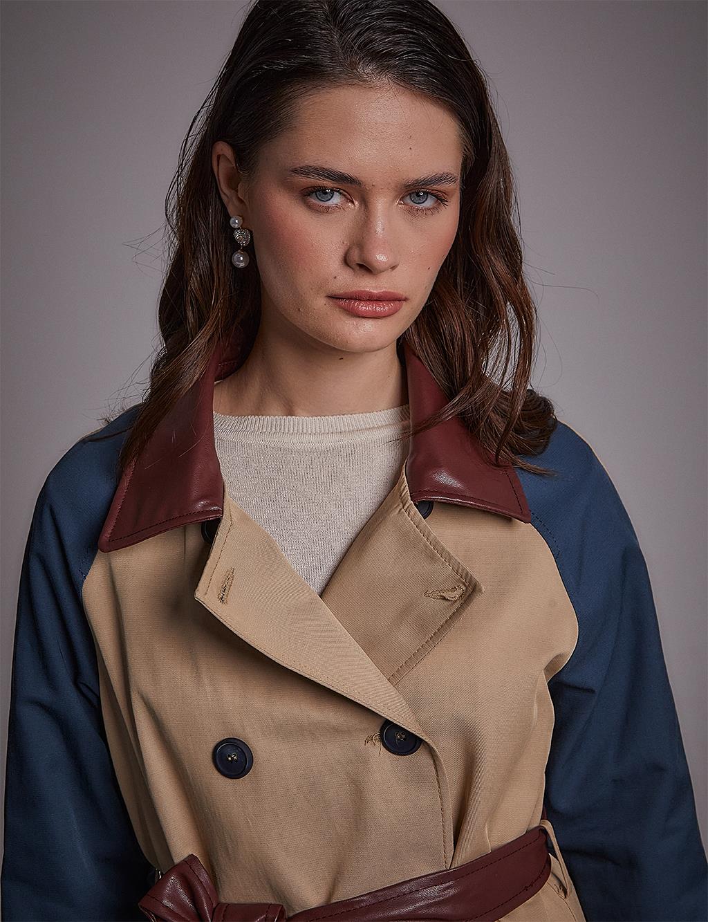 Leather Garnished Piece Trench Coat Beige