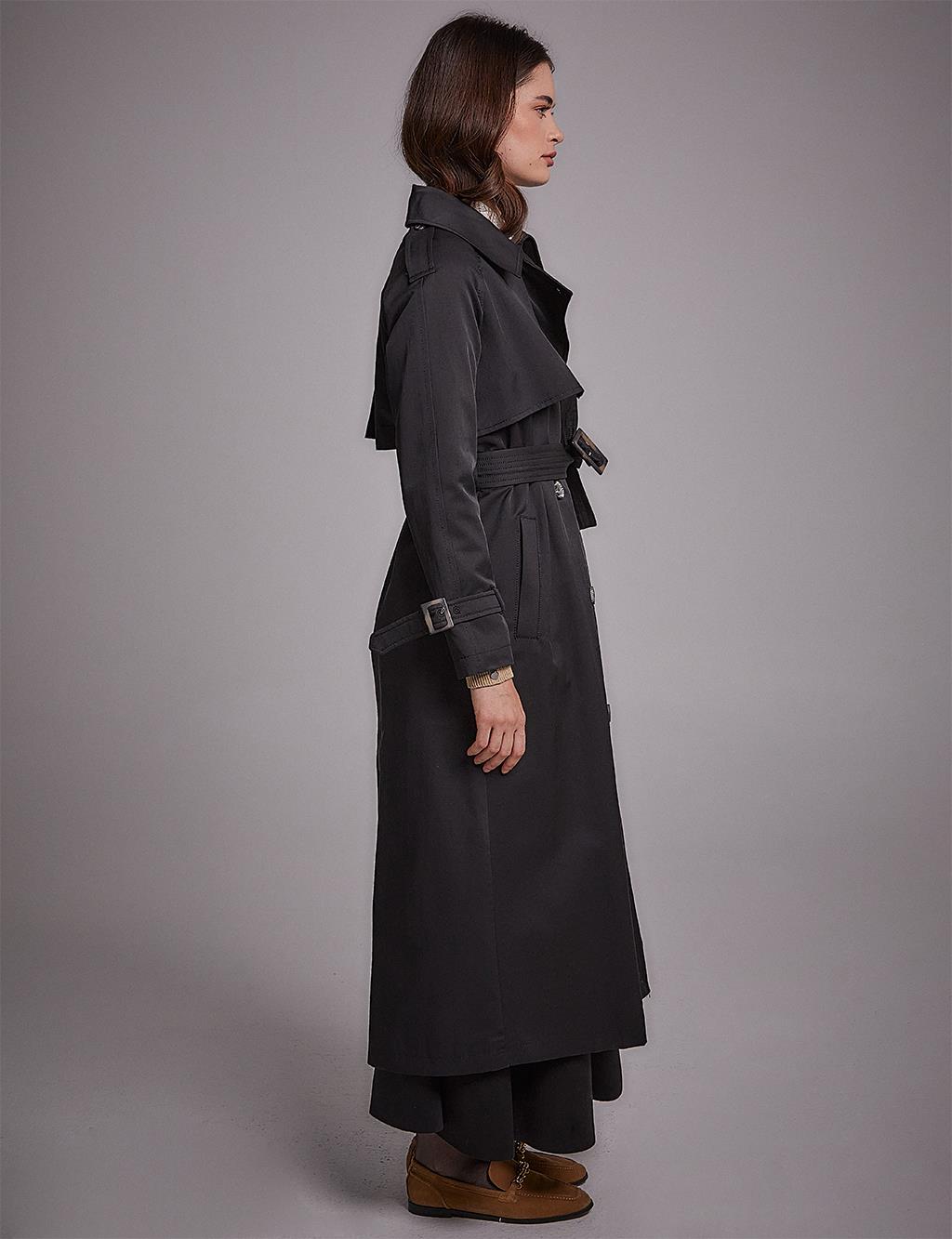 Belted Double Breasted Trench Coat Black