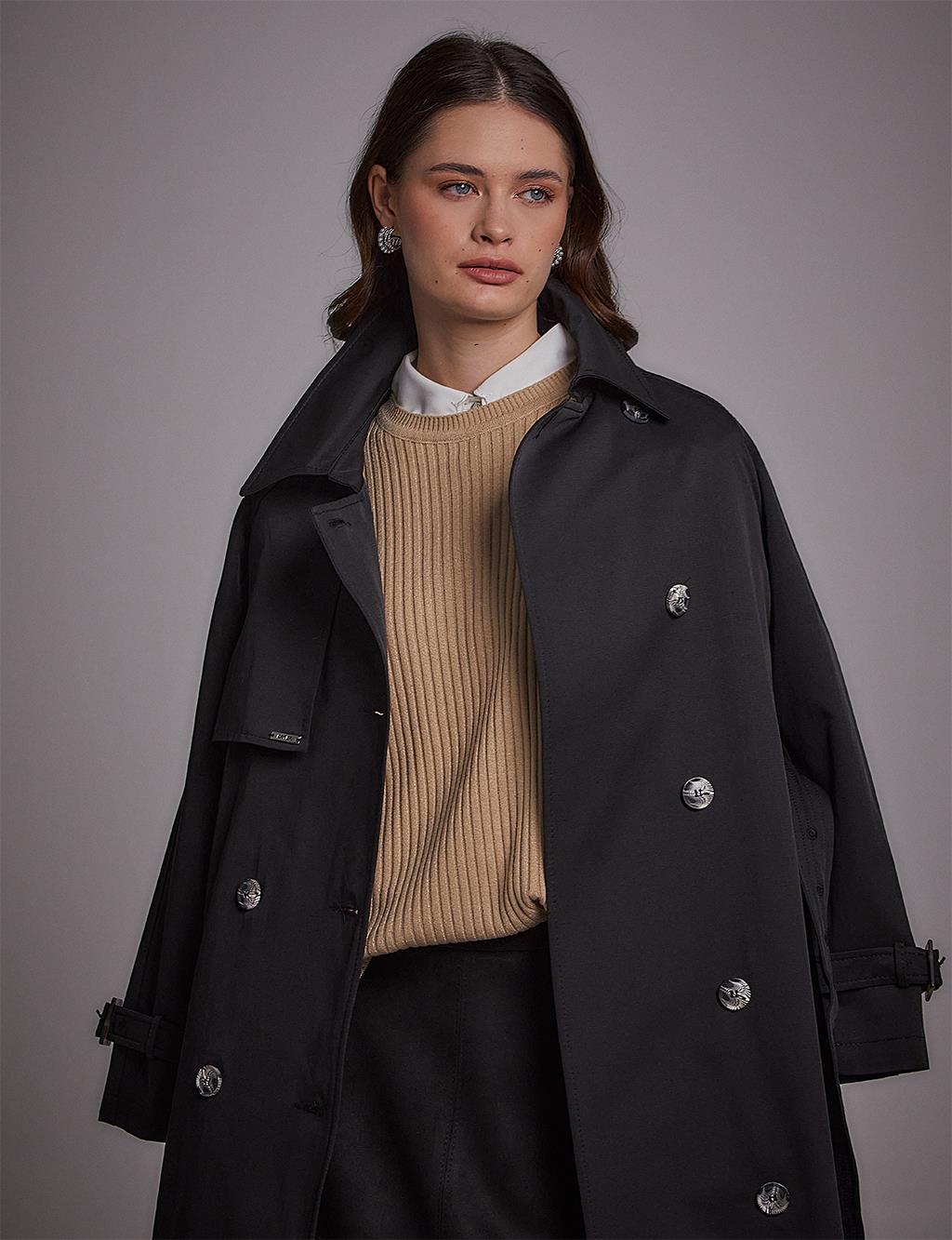 Belted Double Breasted Trench Coat Black