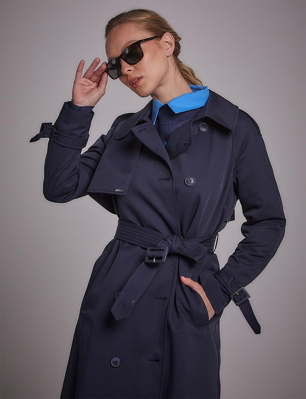 Belted Double Breasted Trench Coat Navy