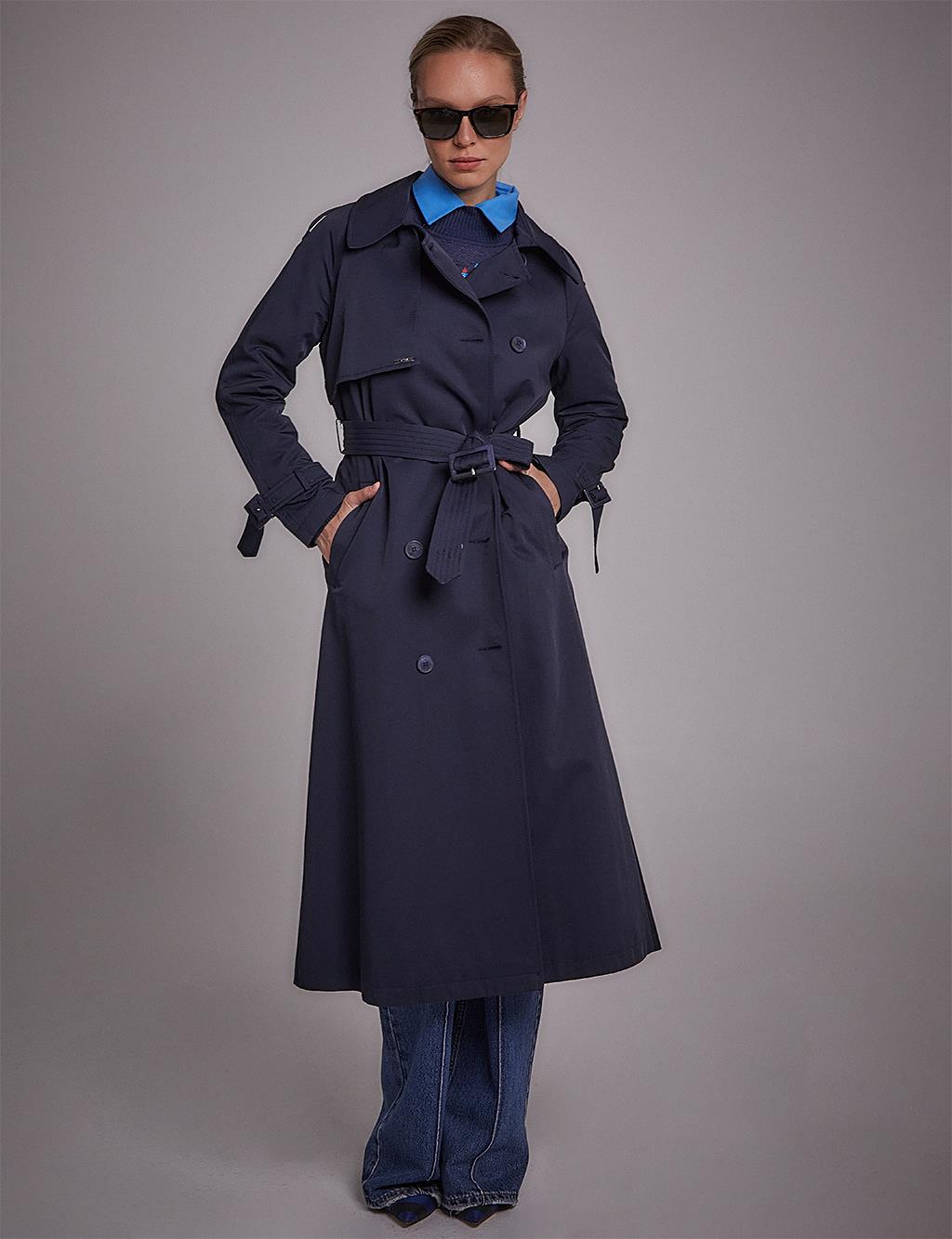 Belted Double Breasted Trench Coat Navy