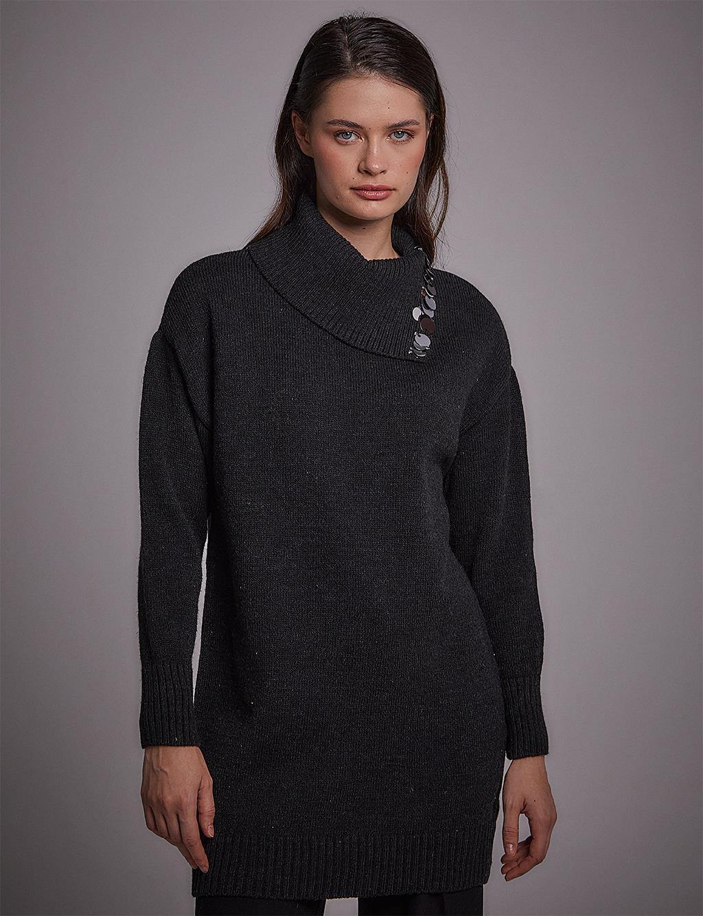 Sequin Detailed Knitwear Tunic Black