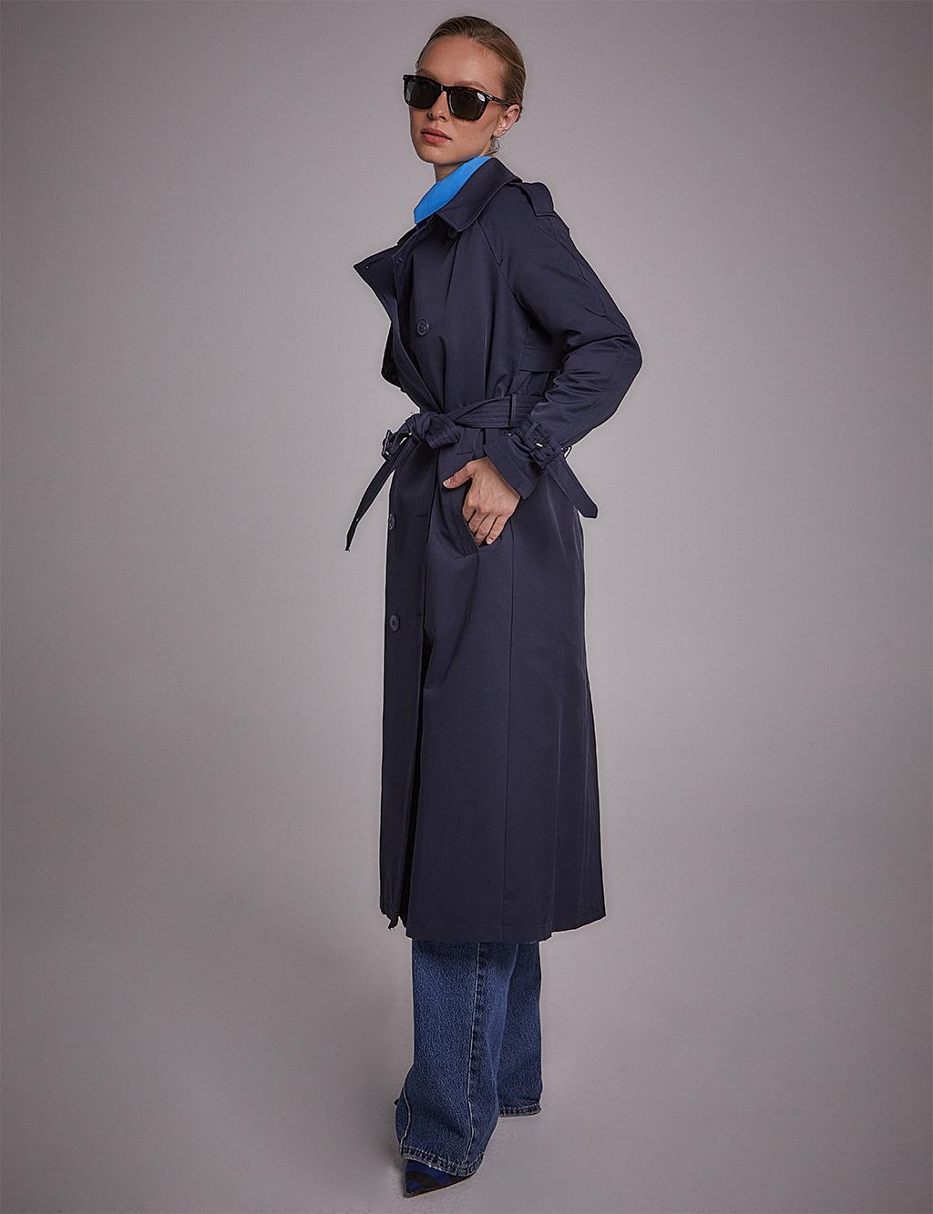 Belted Double Breasted Trench Coat Navy