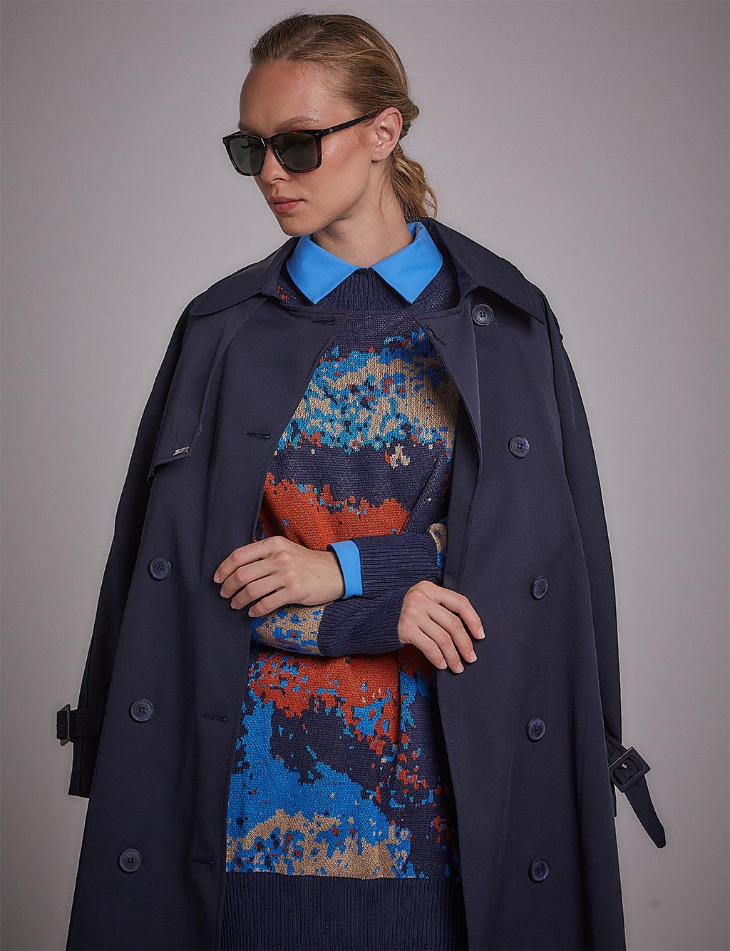 Belted Double Breasted Trench Coat Navy