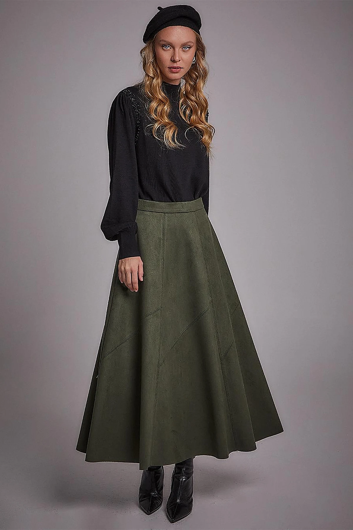 Süet Görünümlü Evaze Etek Zümrüt