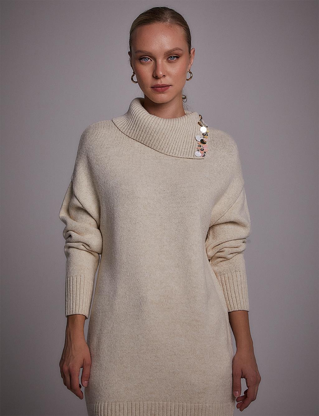Sequin Detailed Knitwear Tunic Stone