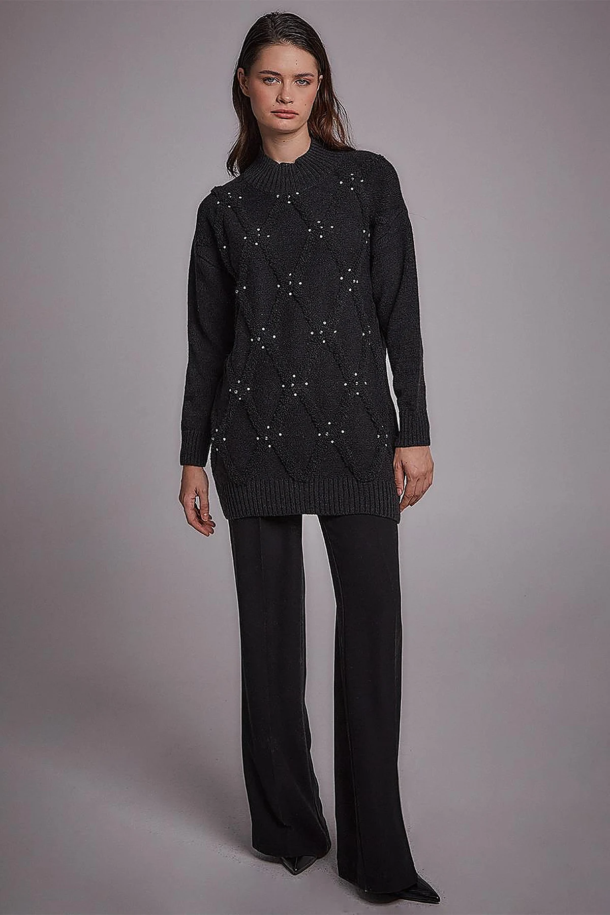 Stone Beaded Knitwear Tunic Black