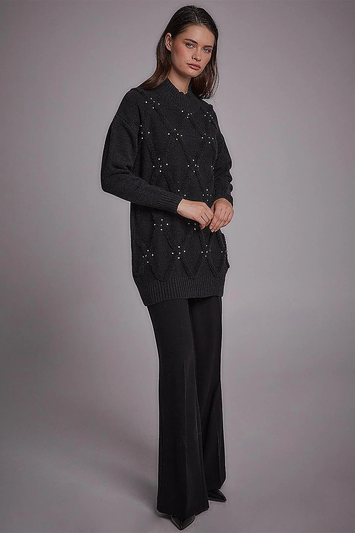 Stone Beaded Knitwear Tunic Black