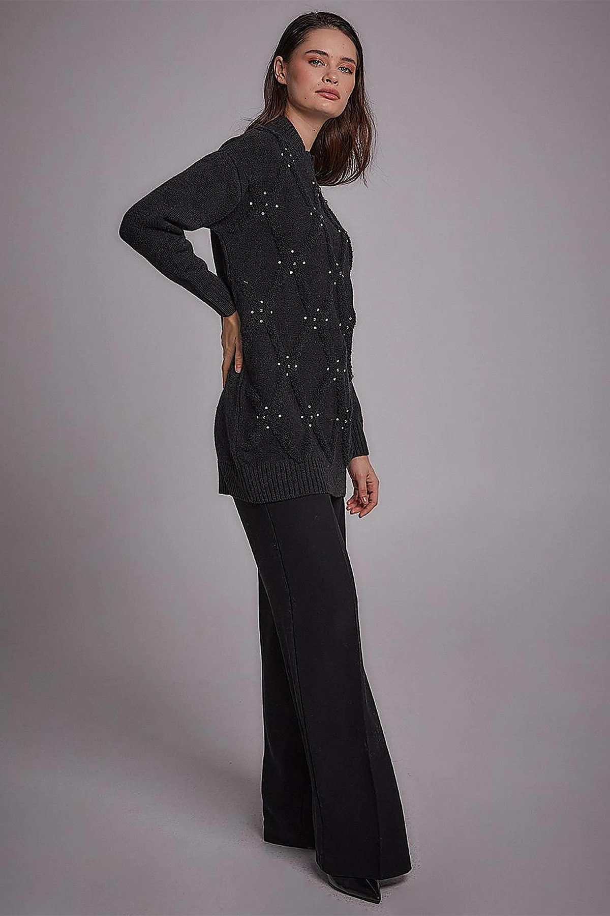Stone Beaded Knitwear Tunic Black