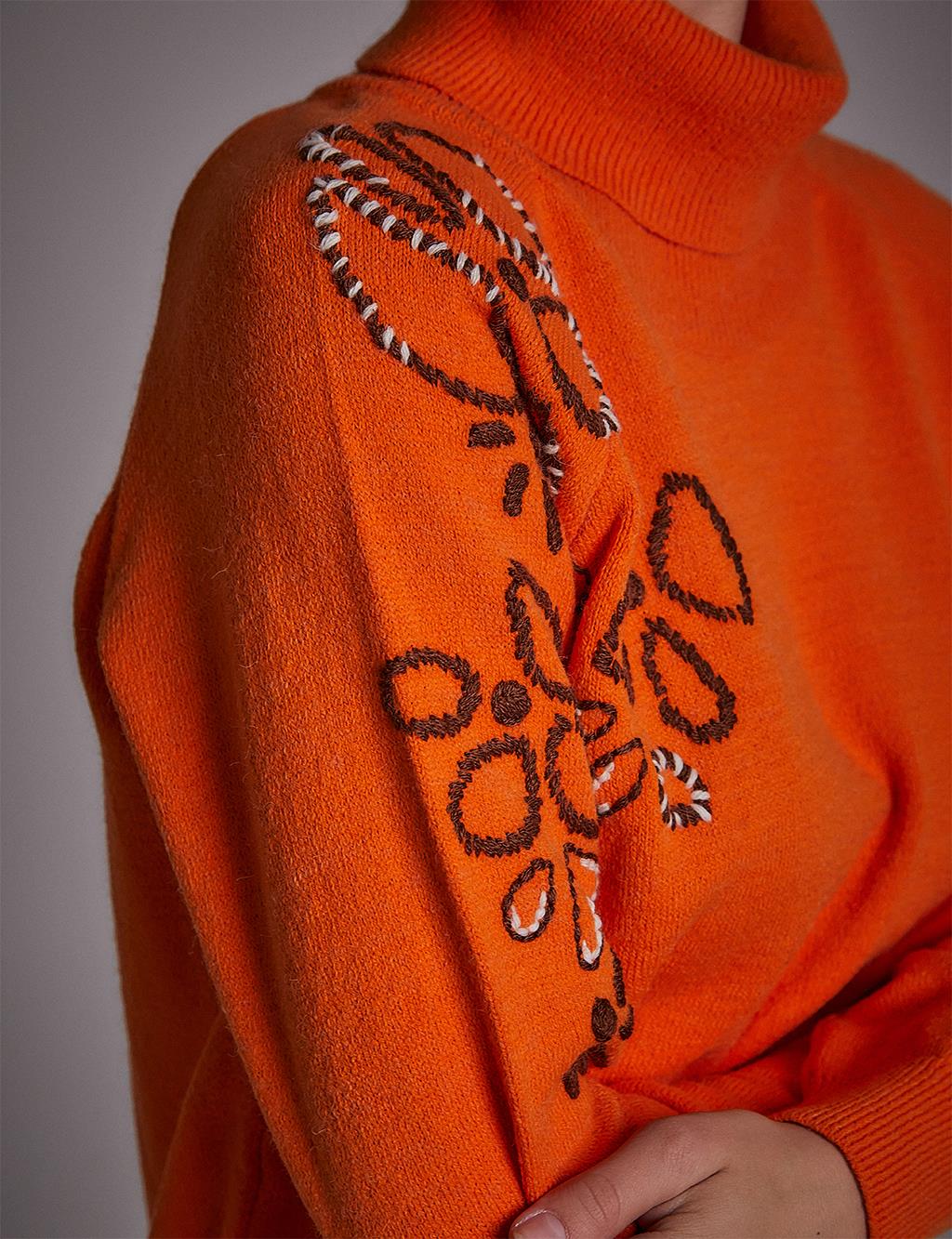 Motif Turtleneck Knitwear Tunic Orange