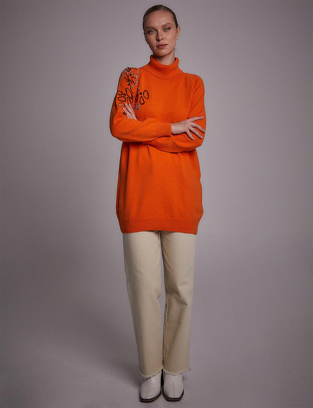 Motif Turtleneck Knitwear Tunic Orange