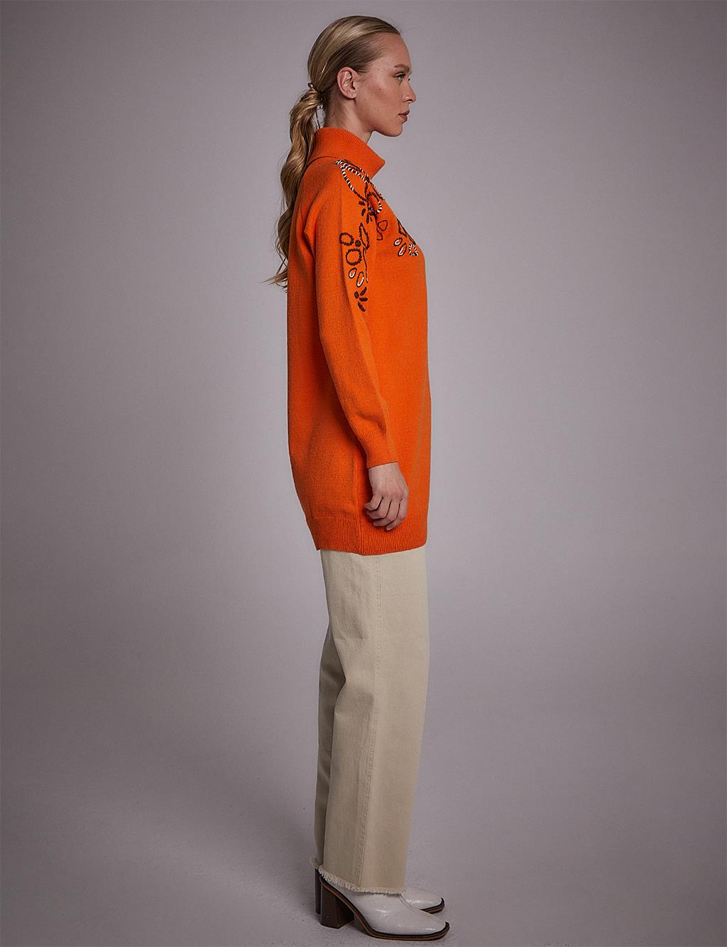 Motif Turtleneck Knitwear Tunic Orange