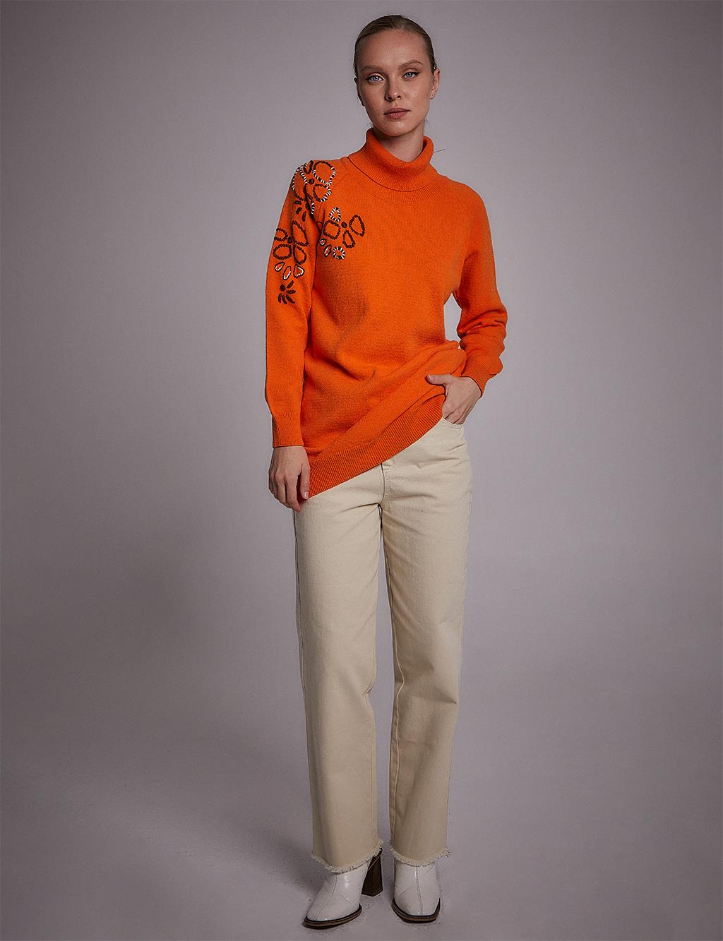 Motif Turtleneck Knitwear Tunic Orange