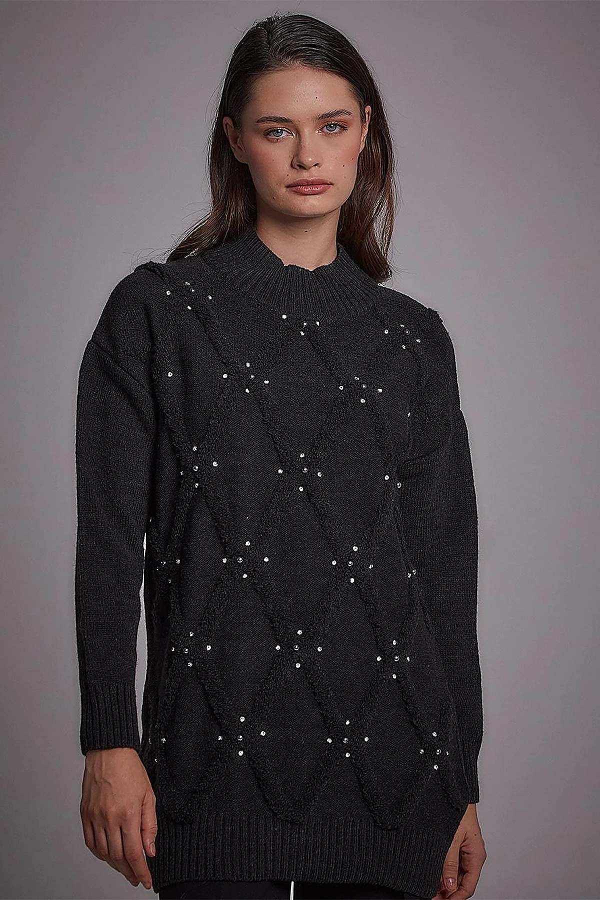 Stone Beaded Knitwear Tunic Black